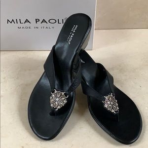 Mila Paoli crystal accented black wedge sandals
